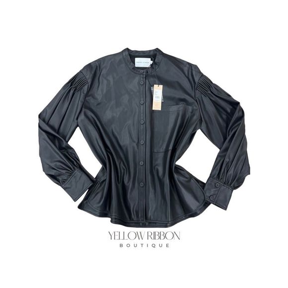 🆕 REBECCA MINKOFF | NELLIE FAUX LEATHER SHIRT | BLACK | SIZE: L - Picture 2 of 6